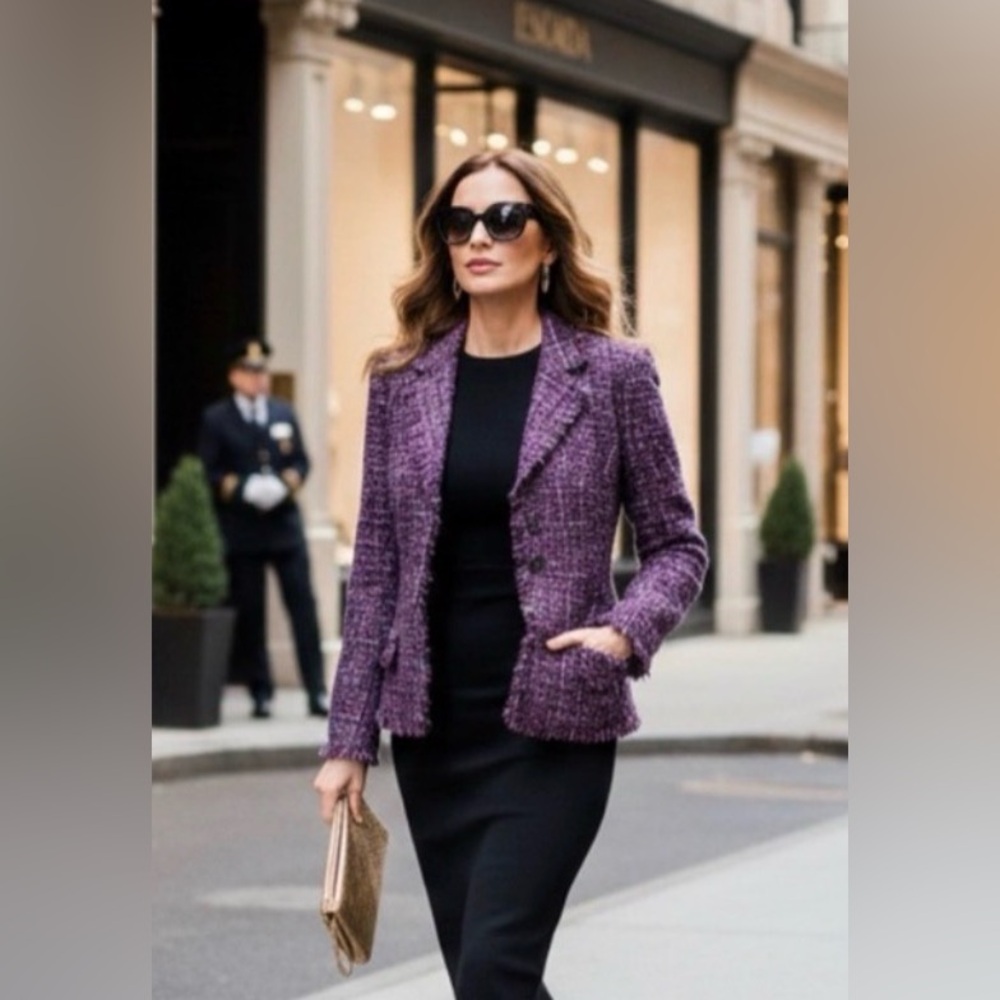 ESCADA Luxury Vintage Wool Purple Multi Tweed Fringe Blazer Jacket Size 40